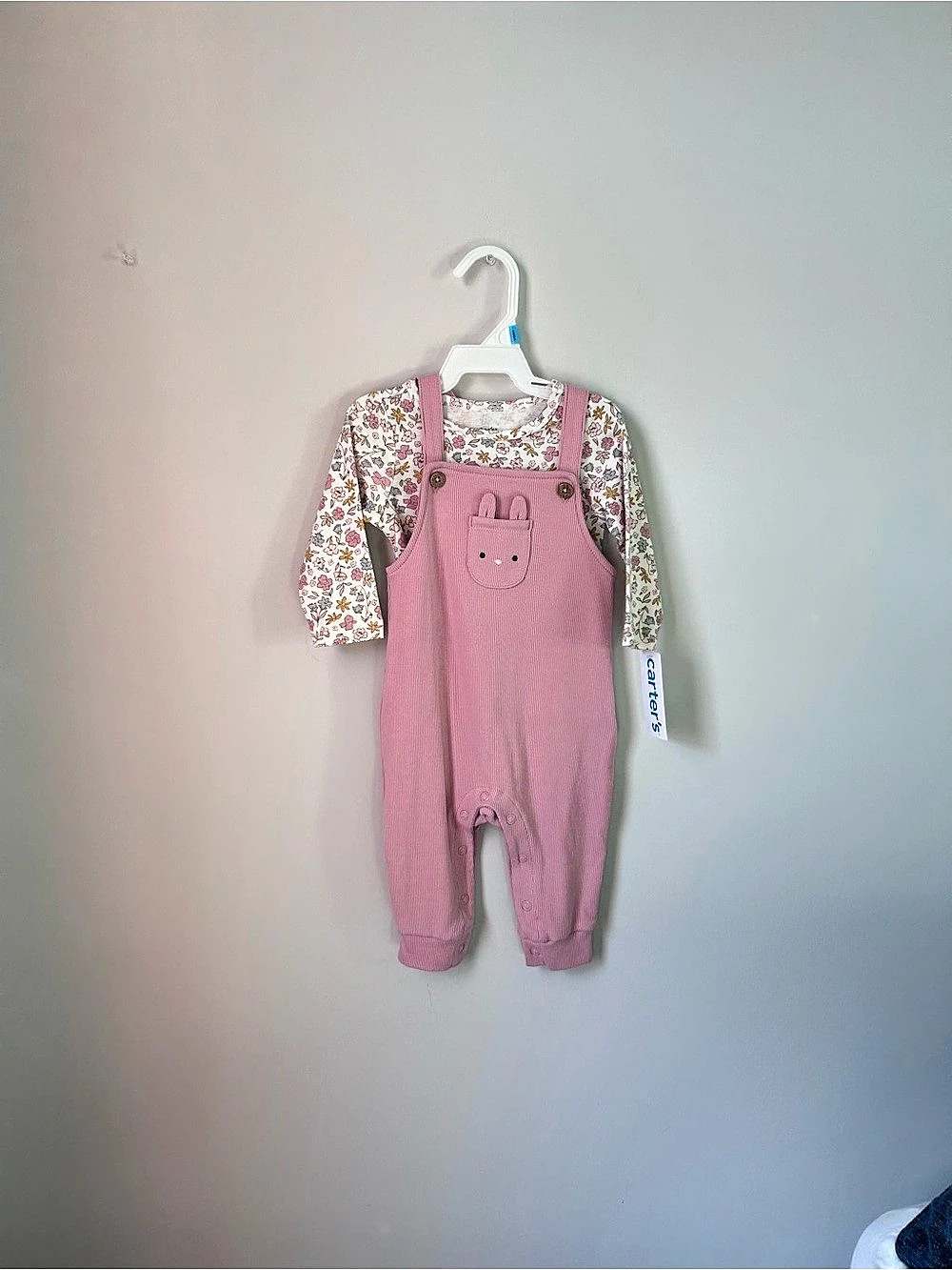 6M Carter's Bunny Ribbed Overalls and Bodysuit Set Floral One-Piece Set in Pink